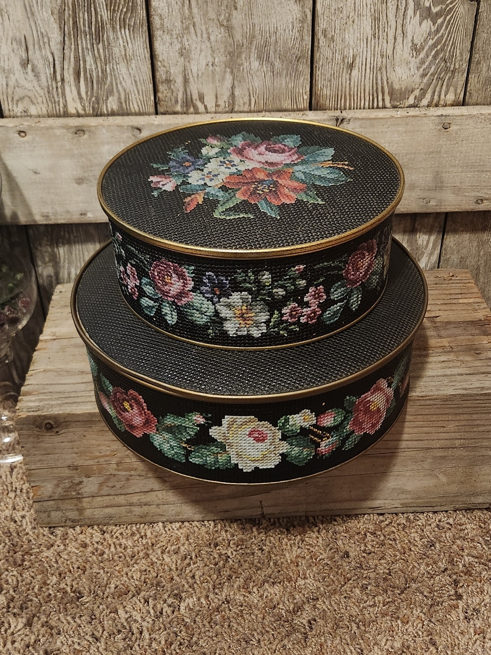 Set Of 2-Floral Black Round Decorative Storage Boxes. Old-1950's.